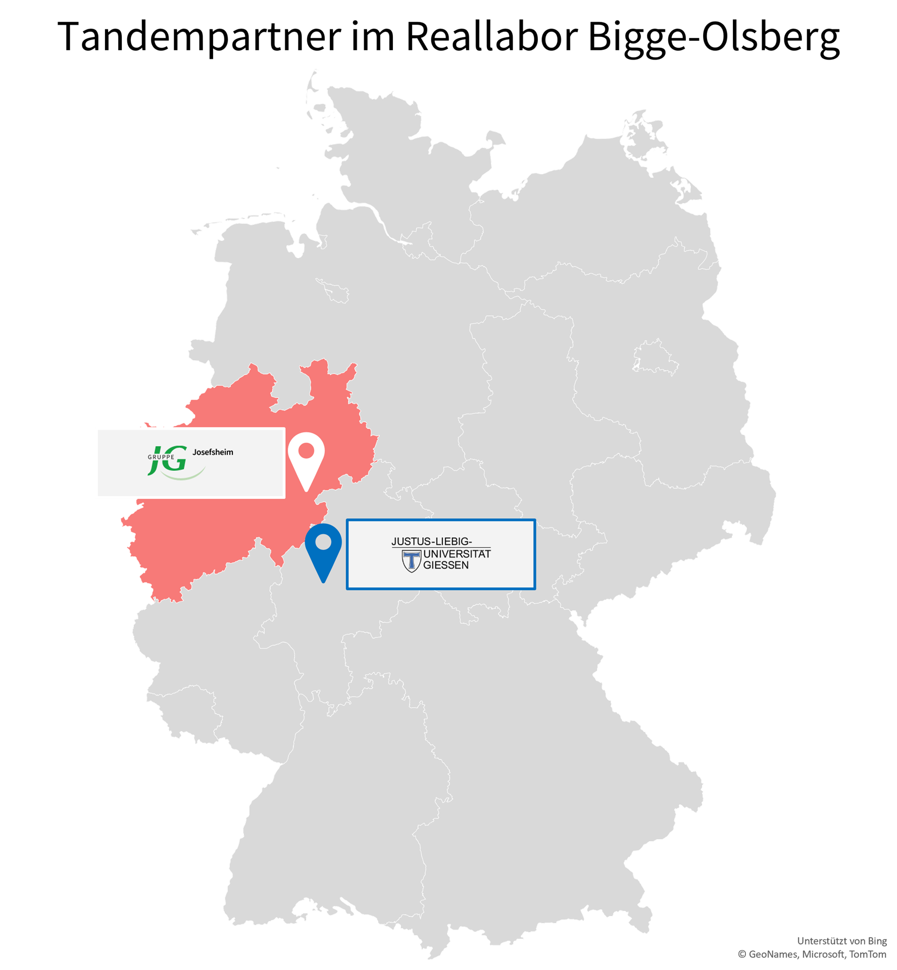 Grafik Landkarte mit Ortangabe der Tandempartner Josefsheim und JLU Gießen des Reallabors Bigge