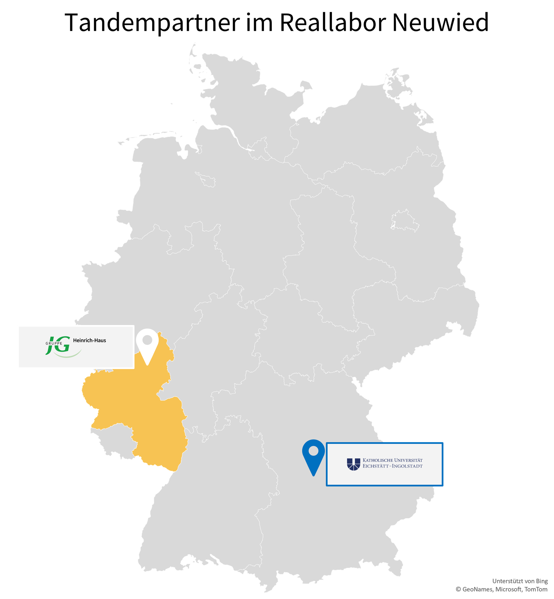 Grafik Landkarte mit Ortangabe der Tandempartner Heinrich-Haus und KU Eichstätt des Reallabors Neuwied