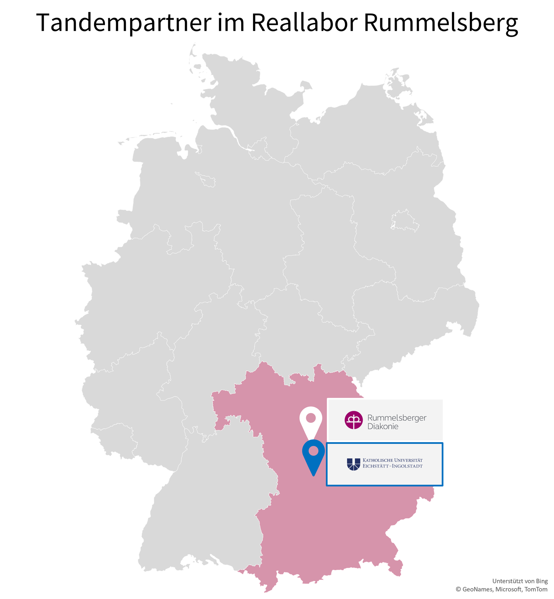 Grafik Landkarte mit Ortangabe der Tandempartner Rummelsberger Diakonie und KU Eichstätt des Reallabors Rummelsberg