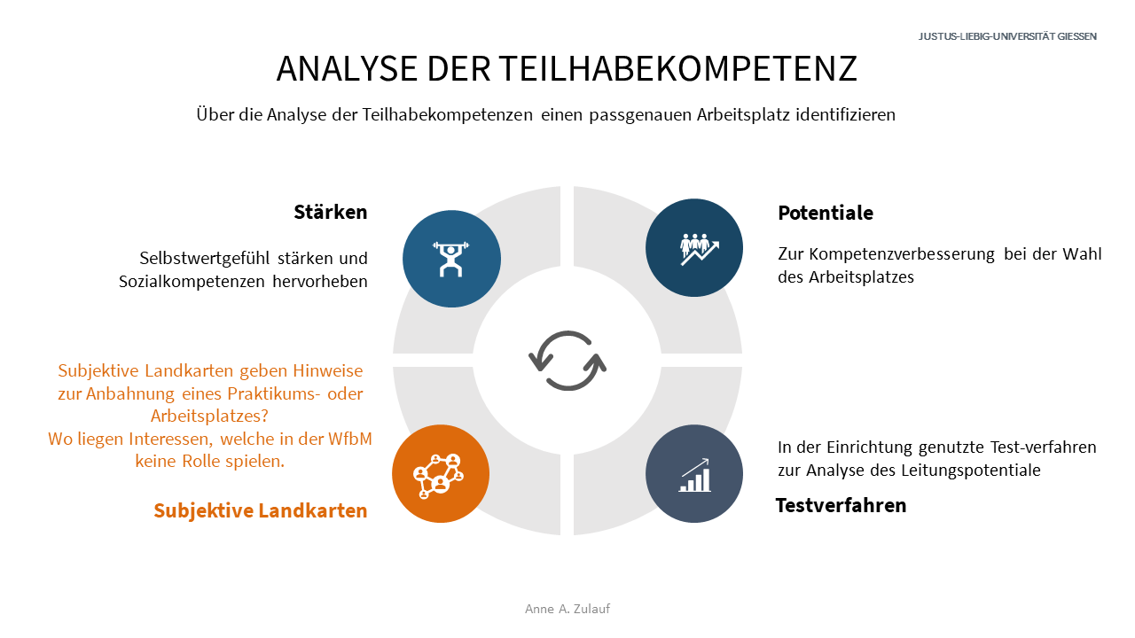 Grafik über Teilhabekompetenzen - Stärken, Potentiale, subjektive Landkarte, Testverfahren